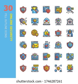 Online-Sicherheit, Cyber-Sicherheit, Business-Datenschutz-Technologie und Cloud-Netzwerksicherheit 30 Füllt die Symbole für die Outline. Icon Design für Web Design, mobile Anwendung, Website und Grafik Design. 