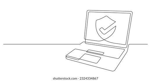 seguridad en línea y cifrado de datos: dibujo continuo de la línea de la laptop con protección protegida para información segura de Internet y privacidad