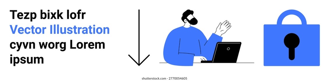 Online security, data privacy, digital protection, cybersecurity, remote work, technology. Illustration of a man working on a laptop next to a padlock icon. Online security and data protection