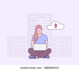 Online security, data protection, antivirus software, cloud hosting concept. Young woman IT administrator working in server room for hardware diagnostic.
