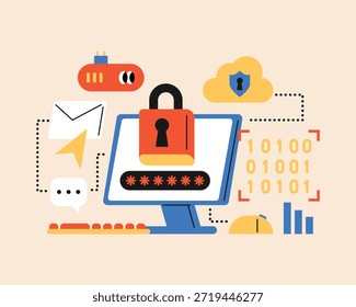 Segurança on-line e conceito de proteção de dados. Segurança aprimorada. O armazenamento em nuvem melhora a segurança das informações pessoais. Ilustração de estilo bonito e simples.