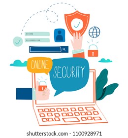 Online security, data protection, internet security, secure internet browsing flat vector illustration design for mobile and web graphics