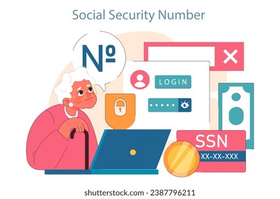 Online Security Dilemma. An elderly woman puzzled by the Social Security Number prompt on a computer screen. Login issues. Personal data protection. Flat vector illustration.