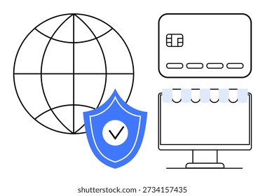 Seguridad en línea, seguridad de comercio electrónico, transacciones globales, ciberseguridad, protección de compras, sistemas de pago. Globo, tarjeta de crédito de escudo y monitor de computadora. Seguridad en línea y seguridad en el comercio electrónico