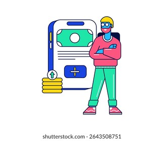 Seguridad en línea Estilo de diseño plano, hombre con cerradura y App móvil, que representa la seguridad en línea o pantallas de autenticación fintech.