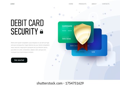 Online security fo dedit card, overview homepage, three plastic card landing page template