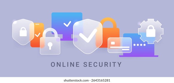 Online security glass morphism vector composition. Web protection concept illustration
