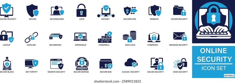 Online Security icon set. Secure, Cyber Shield, Safe Net, Digital Lock, Protect You can easily change the color.