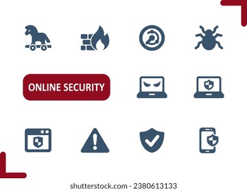 Iconos de seguridad en línea. Datos, Virus, Antivirus, Scan, Icono de Internet. Conjunto de iconos de vector profesional y perfecto para píxeles.