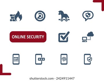 Iconos de seguridad en línea. Datos, Virus, Antivirus, Escaneo, Smartphone, Icono De Bloqueo. Profesional, píxel perfecto conjunto de iconos vectoriales.