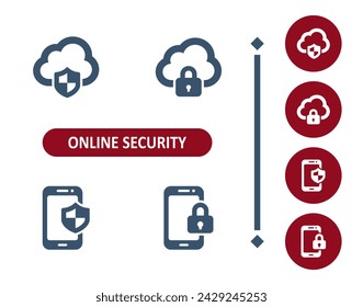 Iconos de seguridad en línea. Seguridad de Internet, virus, antivirus, computación en la nube, contraseña, smartphone, icono de teléfono móvil. Profesional, icono de vector perfecto de 32x32 píxeles.