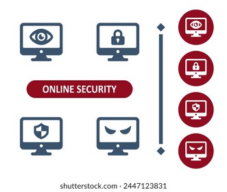 Iconos de seguridad en línea. Seguridad de Internet, virus, antivirus, spyware, bloqueo, Contraseña, escudo, peligro, ícono de la computadora. Profesional, Vector perfecto de 32x32 píxeles.