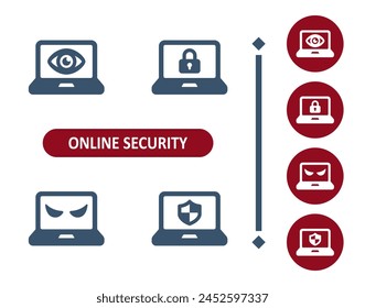 Online security icons. Internet security, virus, antivirus, laptop, computer, spyware, shield, password icon. Professional, 32x32 pixel perfect vector icon.