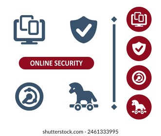 Online security icons. Internet security, virus, antivirus, shield, trojan horse, scanner, mobile phone, computer, tablet icon. Professional, 32x32 pixel perfect vector icon.