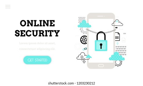 Online security. Landing page template. Modern flat design concept of web page design. Cloud computing technology.