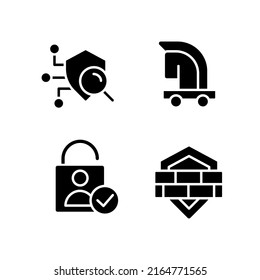 Online security measures black glyph icons set on white space. Security scanning. Firewall. Trojan horse virus. Silhouette symbols. Solid pictogram pack. Vector isolated illustration