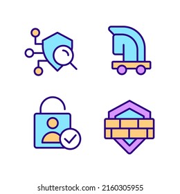 La seguridad en línea mide el ajuste de iconos de color RGB perfecto para píxeles. Análisis de seguridad. Cortafuegos. Virus del caballo de Troya. Ilustraciones vectoriales aisladas. Colección de planos de línea simple rellena. Trazo editable