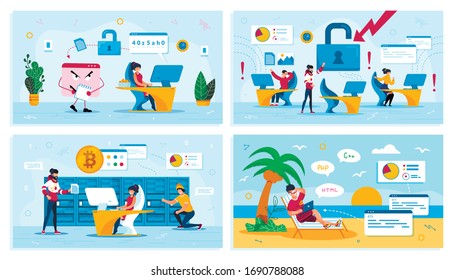 Seguridad en Línea, Desglose en Red, Intercambio de Bitcoin, Diseño Digital Nomad Plano de Vector. Troyano robando datos, empleados en pánico, propietarios de granjas mineras, colaborador independiente en ilustración de playa