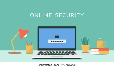 online security on laptop computer with padlock and password or verification code notification concept, flat design vector illustration