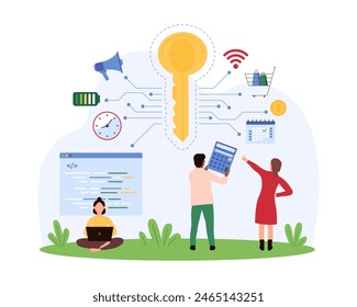 Seguridad en línea de los servicios y datos personales. La gente pequeña trabaja con la llave grande segura a la red inalámbrica, protege el código y el pago para las compras, la privacidad de la información y la Ilustración vectorial de dibujos animados