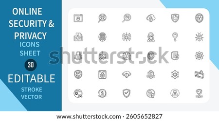 Online Security and Privacy line icons set. Lock, Fingerprint, Data protection symbols and more. Outline vector icon in linear style. Editable stroke. Vector illustration.
