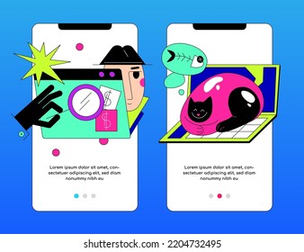 Online security and remote access - colorful flat design style banners with linear elements and place for text. Neon colored composition with spy, antivirus, cat, laptop and internet. Freelancing idea