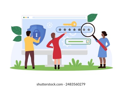 Seguridad en línea, análisis seguro de la protección de Sitios web y acceso a datos personales. Las personas pequeñas con lupa y escudo comprueban la Contraseña segura de la Cuenta para proteger los datos de la Ilustración vectorial de dibujos animados
