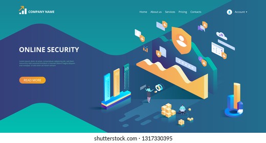 Online security, secure internet browsing. Data protection concept. Vector isometric illustration for landing page, web design, banner and presentation.