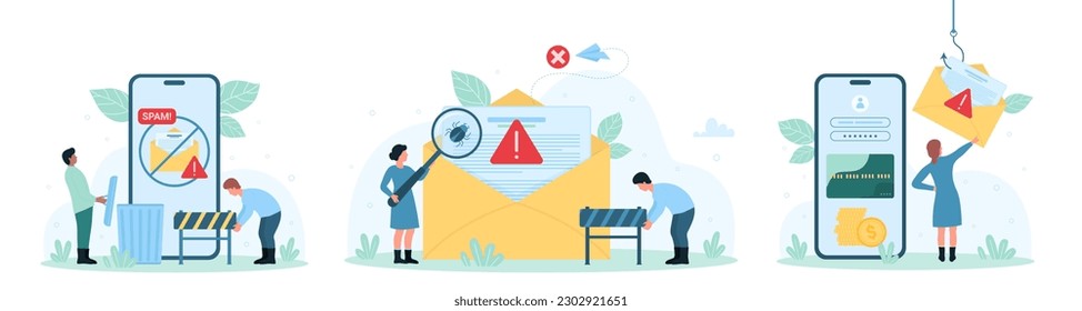 Online-Sicherheitsset, Vektorgrafik. Cartoon winzige Leute mit Lupe-Glas auf der Suche nach Computer-Bugs in E-Mails, Benutzer reinigen Spam-Müll auf dem Telefon-Bildschirm, schützen Kreditkarte vor Phishing
