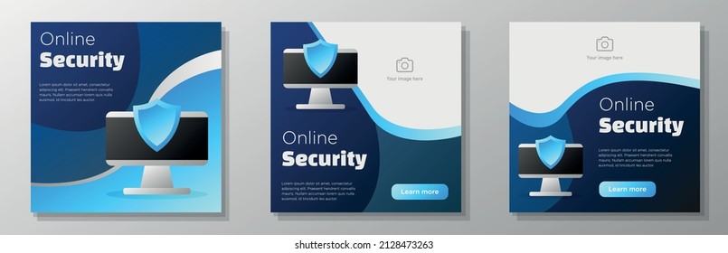 Online security social media post, banner set, data protection advertisement concept, malware, fraud safety marketing square ad, abstract print, isolated on background.