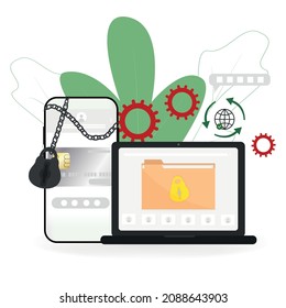 Online security technology, personal data protection. The concept of using technologies and the security of using a mobile banking application. Vector flat illustration