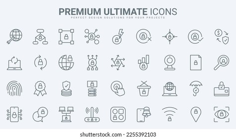 Online security thin line icons set vector illustration. Outline secure encrypted connection and fingerprint verification for access, confidential data payment protection, server notification