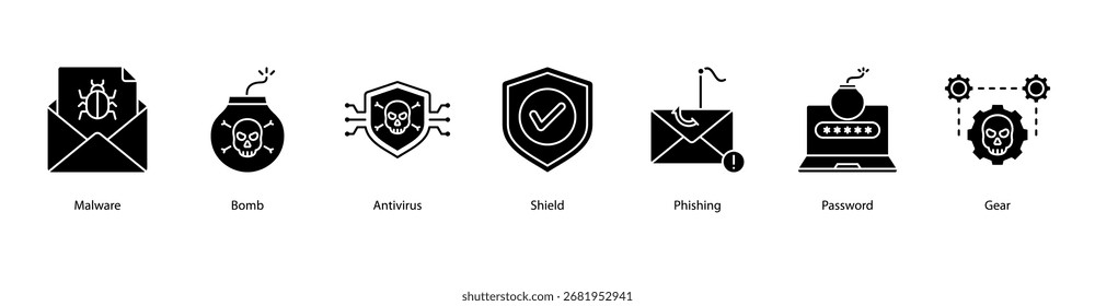 Online Security web banner icon vector illustration featuring Malware, Bomb, Antivirus, Shield, Phishing, Password, and Gear.