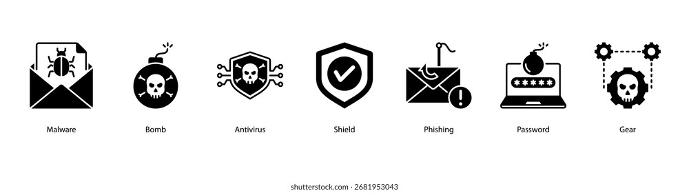 Ilustración vectorial de iconos de Anuncio de Web de seguridad en línea con malware, bomba, antivirus, escudo, phishing, Contraseña y equipo.