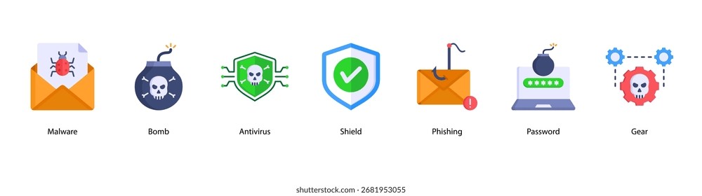 Ilustração de vetor de ícone de banner da Web com Malware, Bomba, Antivírus, Escudo, Phishing, Senha e Engrenagem.