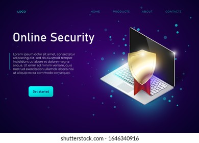 Online security web banner template, landing page concept. Safeguard shield protect the laptop from hacker attack