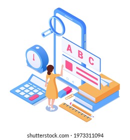 Online sefl-education concept. Remote learning using a smartphone. Vector illustration in isometric style. Isolated on white background.