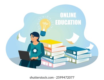 Online self education concept. Girl sitting near pile of books and learn online at home using laptop. Flat vector illustration.