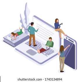 Online self-isolation concept. Group man and woman education or working at home. Vector isometric illustration
