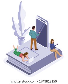 Concepto de autoaislamiento en línea. Grupo de personas estudiando o trabajando en casa. Ilustración isométrica del vector
