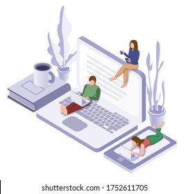 Online self-isolation concept. Group of people studying or working at home. Vector isometric illustration