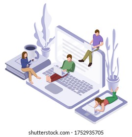 Online self-isolation concept. Group of people studying or working at home. Vector isometric illustration
