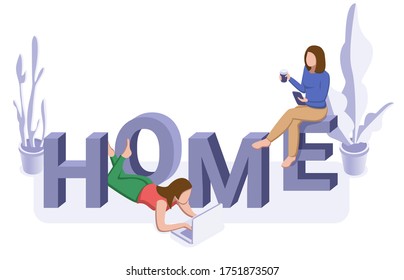 El autoaislamiento en línea estudiando o el concepto de trabajo. Dos mujeres con la palabra en casa. Ilustración isométrica del vector
