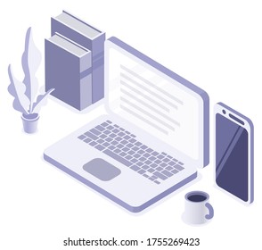 Online self-isolation studying or working at home concept. Vector isometric illustration
