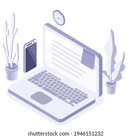 Online self-isolation studying or working at home concept with laptop and phone. Vector isometric illustration
