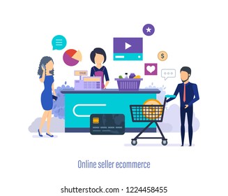 Online seller ecommerce. Shopping in store, mall, buying in supermarket, selling products. Calculation via pos terminal, plastic credit card, online purchase. Vector illustration isolated.