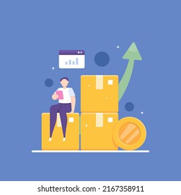 online selling business. SME or Small Medium Enterprise. delivery service. improve the quality of goods. increase income, profit, income. a businessman sitting in a package box. concept illustration