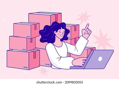 Online Selling. Delivery service isometric concept. woman check order from laptop. Freelance woman seller check product order. Online Shopping. Vector outline Illustration.