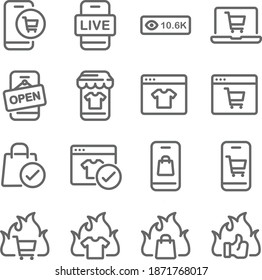 Online Selling Icon Illustration Vector Set. Contains Such Icons As Online Shopping, Sale, Hot Price, Live Online Selling, ECommerce, And More. Expanded Stroke