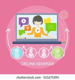 Online seminar concept vector in flat design. Woman with headset holding internet training. Mobile solutions for education. Illustration for educational companies, career courses ad.  